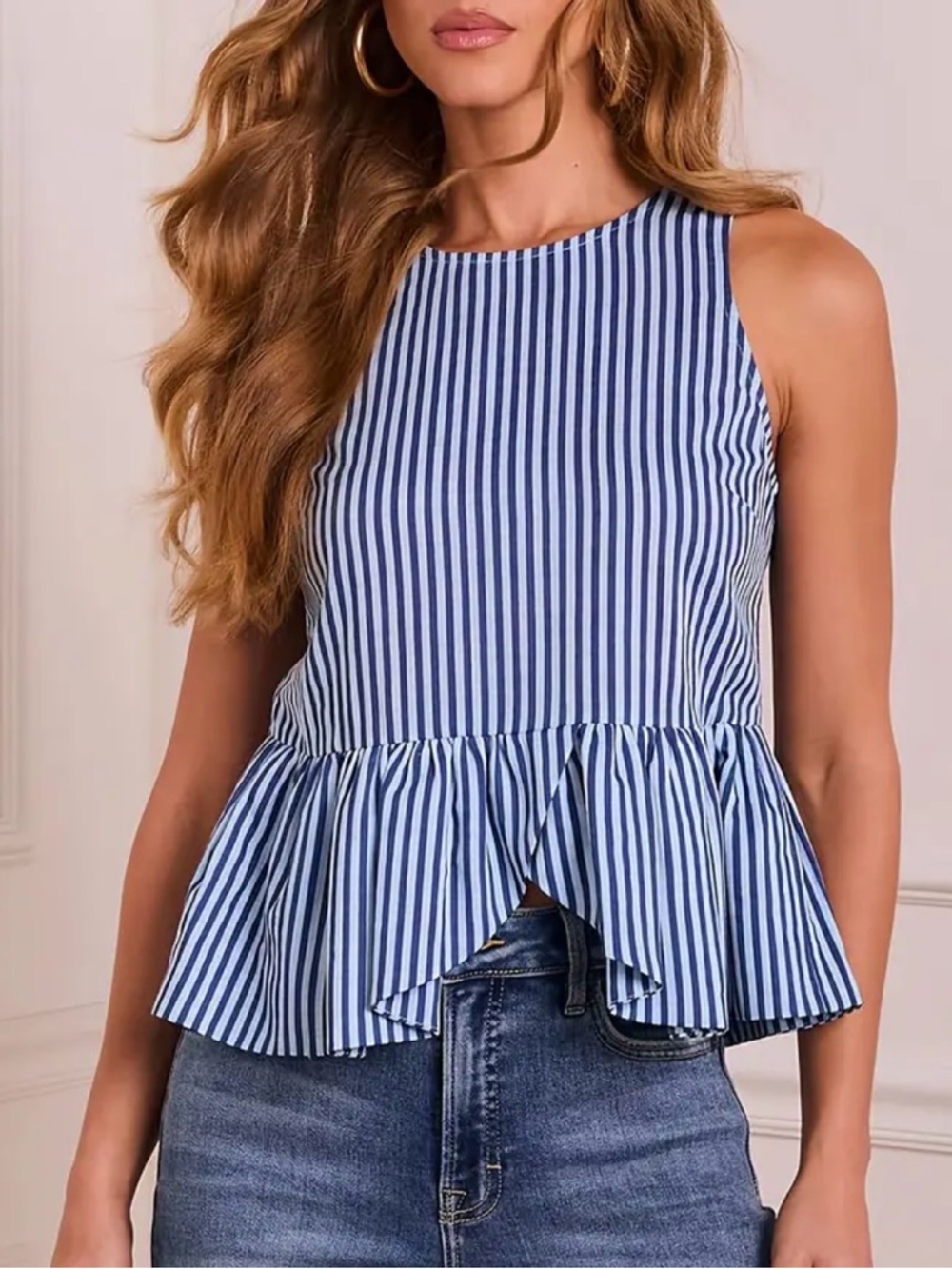 Blue & White Striped Peplum Tank Top - Sleeveless Summer Top